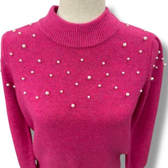 CeCe Hot Pink Sweater with pearls medium balloon sleeve Preppy Coquette Knit - Picture 5 of 13